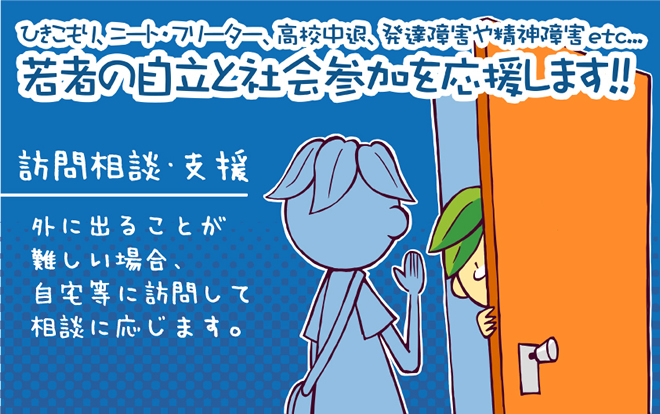 ひきこもり、ニート・フリーター、高校中退、発達障害や精神障害etc…若者の自立と社会参加を応援します。訪問相談・支援外に出ることが難しい場合、自宅等に訪問して相談に応じます。